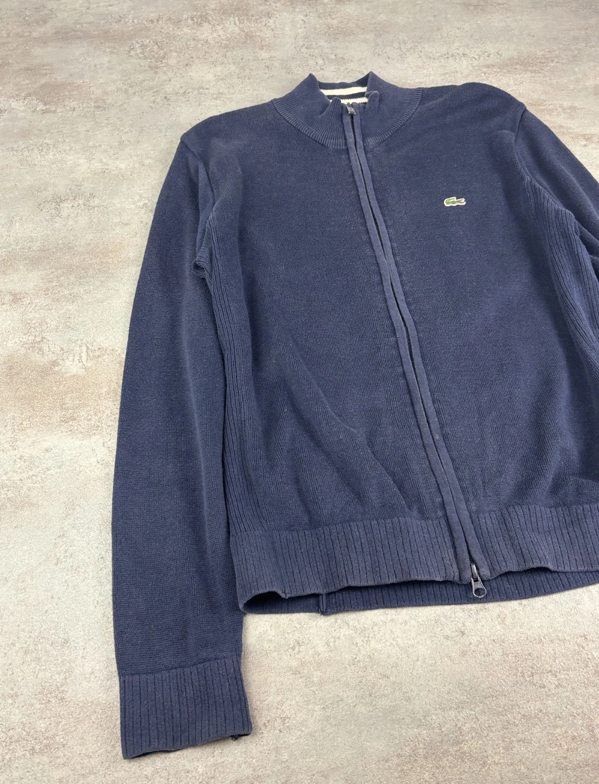 Lacoste Full Zip Cotton Navy Blue Vest | Logo Croc Cardigan High Neck Knit | Size S – photo 3